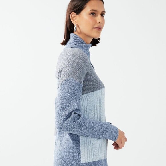 FDJ French Dressing Jeans Patchwork Cable Knit Turtleneck Sweater Blue XL - Picture 7 of 10